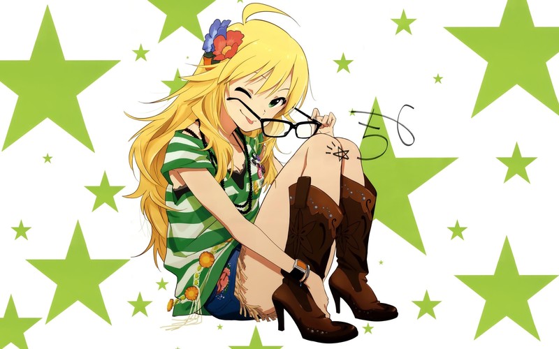 Hoshii Miki, THE, anime, anime girls, blonde, long hair, glasses, flower in hair, sitting, stars