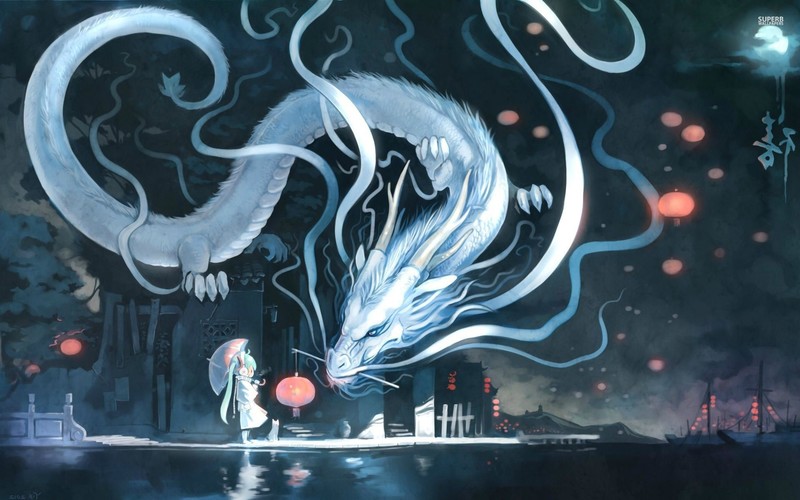 Hatsune Miku, Hatsune Miku Append, anime, dragon, fantasy art, umbrella, night, anime girls