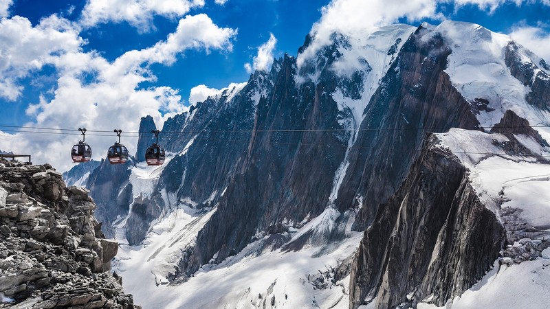 mountains, funicular, landscape, nature, sky, snow