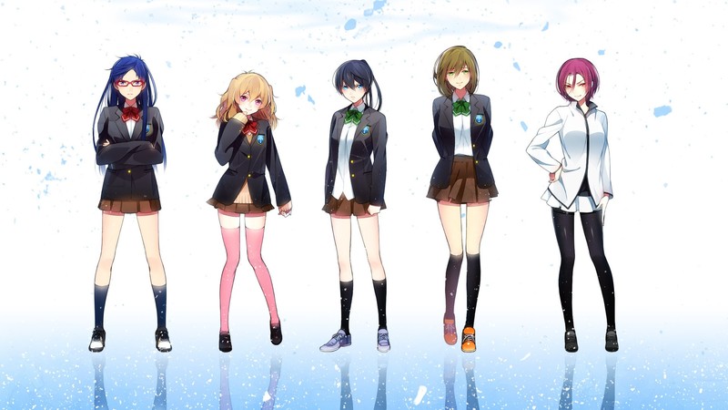 anime, anime girls, school uniform, blue hair, blonde, simple background, Free!
