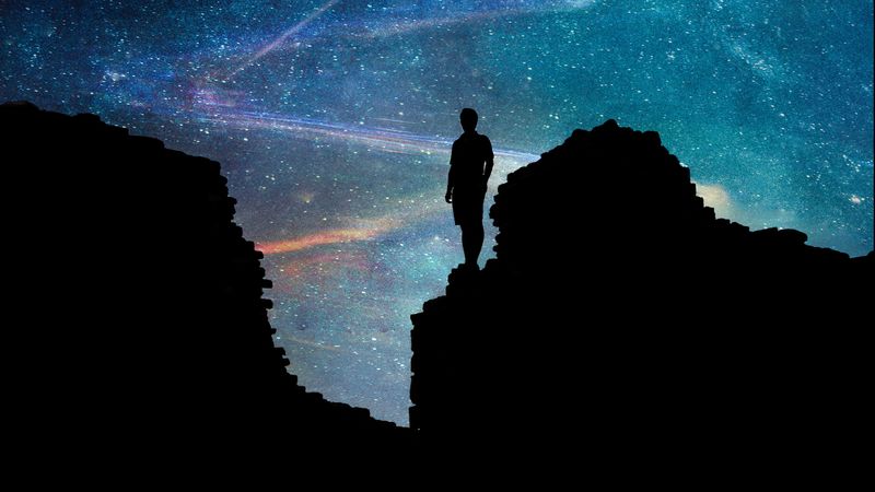silhouette, dark, space, rocks, starry sky, 4k