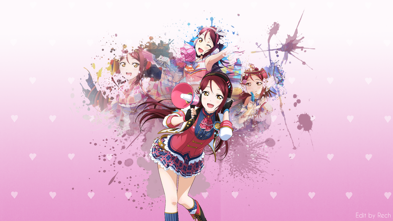 Love Live! Sunshine, Sakurauchi Riko, anime girls, miniskirt, megaphones, open mouth, purple background, anime