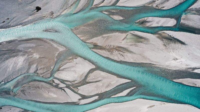river, aerial view, branched, relief, deserted, 4k