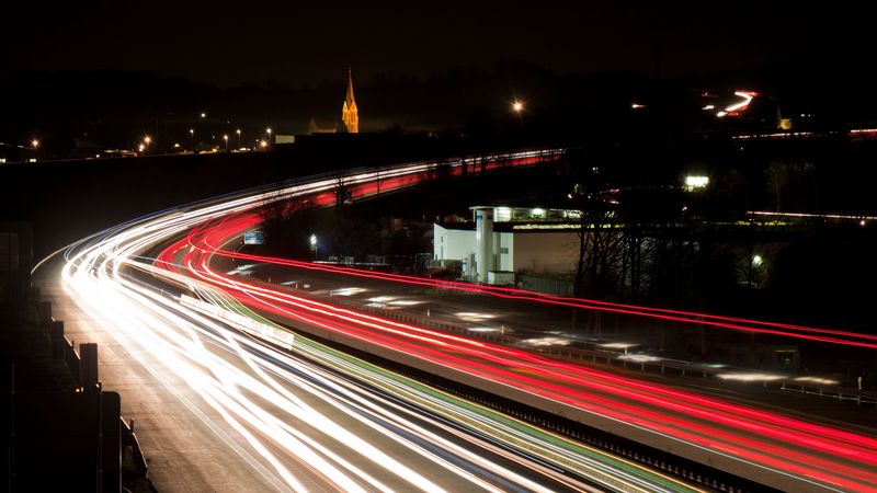 road, long exposure, turn, city lights, night, movement, 4k
