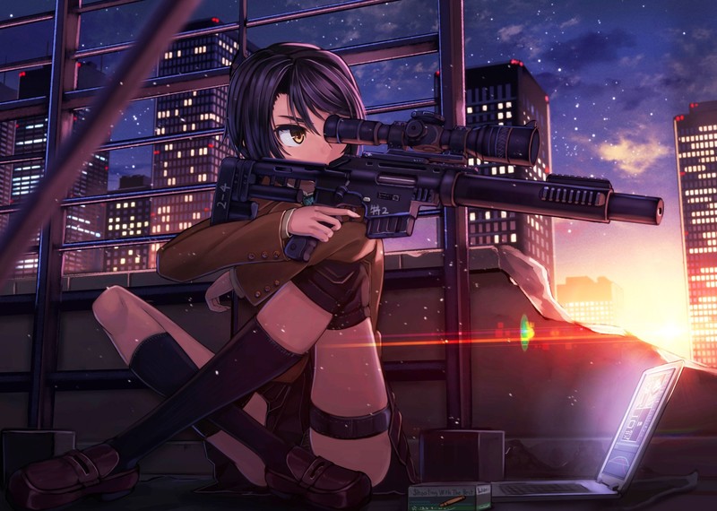 anime, anime girls, city, skyscraper, Girl With Weapon, sniper rifle, dusk