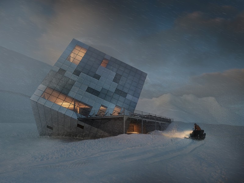 nature, landscape, mountains, Tatra Mountains, Slovakia, winter, snow, house, modern, architecture, building, lights, clouds, storm, cube, Snowmobile