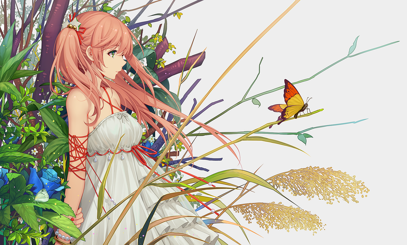 pink hair, nature, butterfly, white background