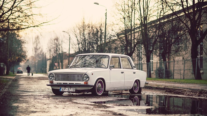vehicle, car, LADA, Russian cars, street, trees, water, urban, Riga, Latvia, wet street