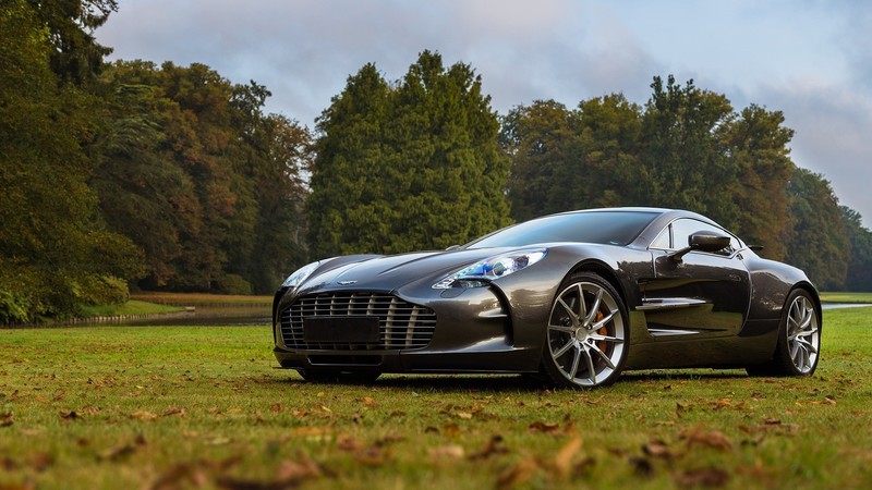 vehicle, sports car, Aston Martin, Aston Martin one-77, One-77, field, trees, grass, leaves, fall