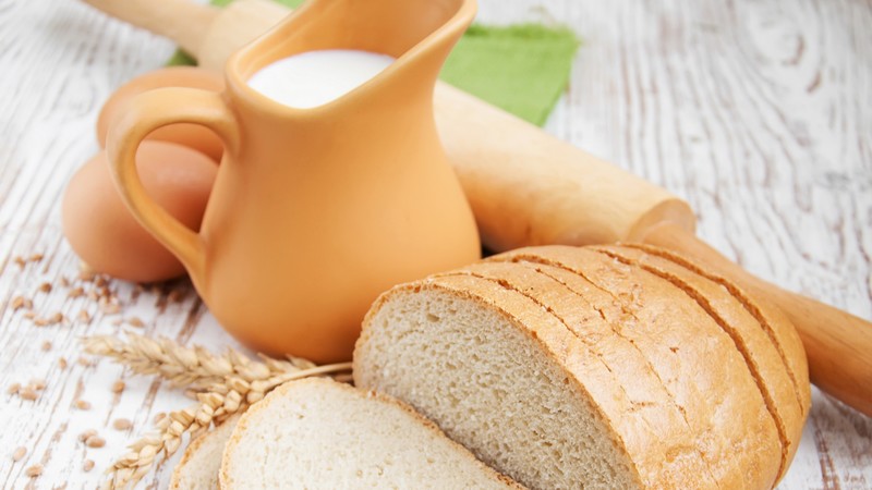 bread, milk, food, eggs, rolling pin