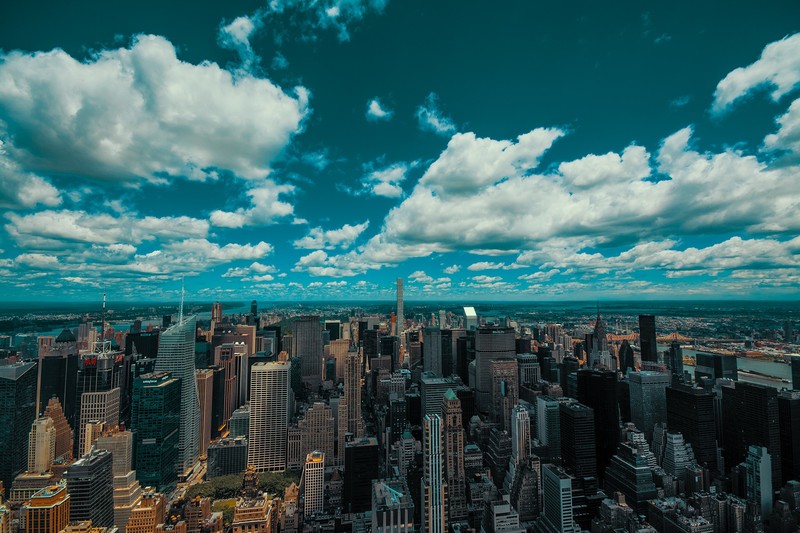 New York City, Empire State Building, USA, horizon, blue, sky, skyscraper, Hudson River, clouds