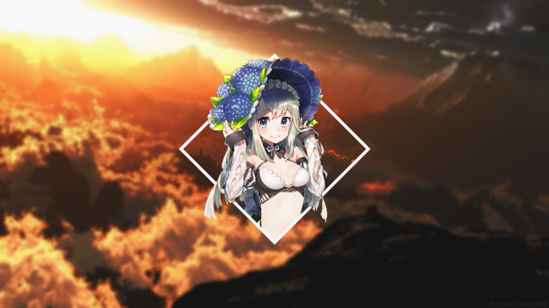 Sun, anime, anime girls, clouds, flowers, picture-in-picture