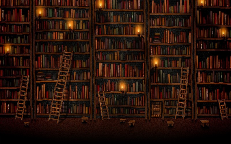 artwork, books, ladder, candles, library