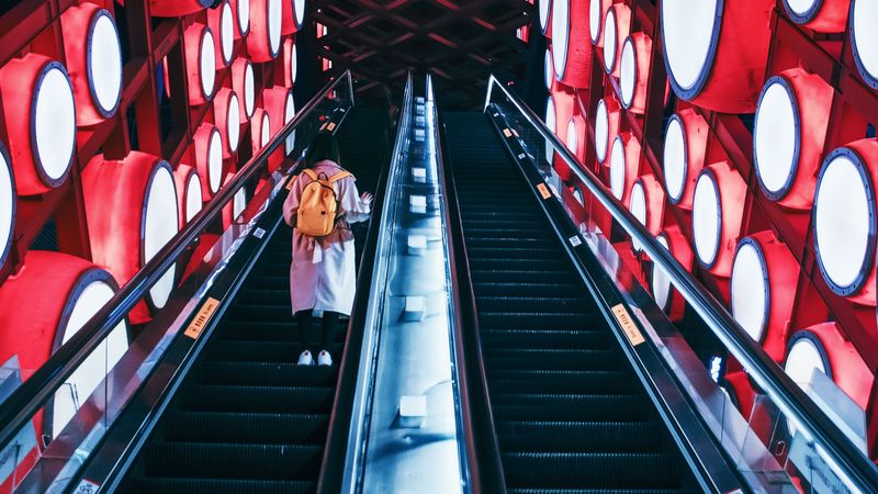 escalator, interior, lights, man, steps, red, 4k
