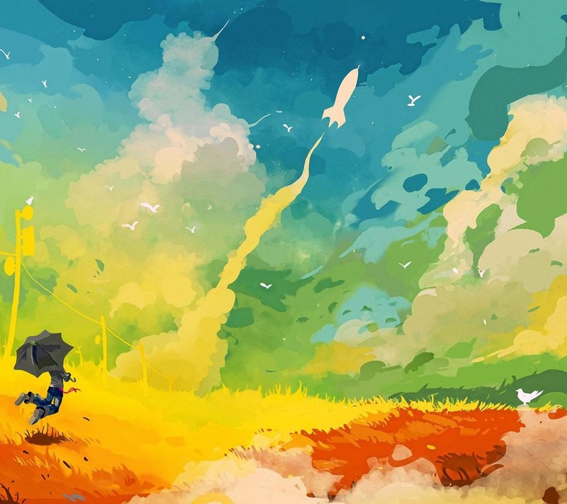 painting, colorful, artwork, rocket, umbrella, anime