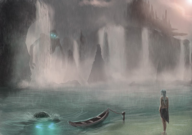 fantasy art, boat, creature
