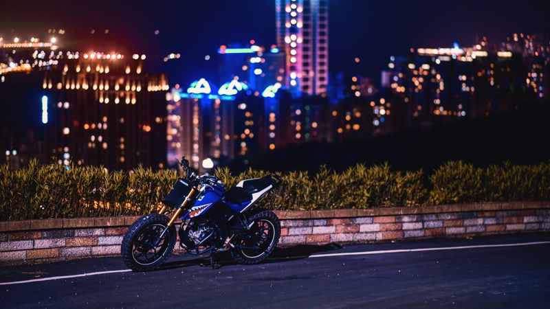 motorcycle, bike, night city, road, curb, view, 4k