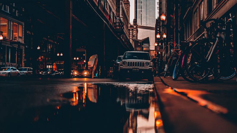street, city, reflection, puddle, cars, buildings, bicycles, 4k