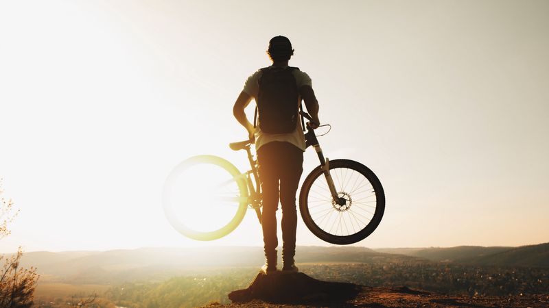 guy, bike, sun, mountains, active, 4k