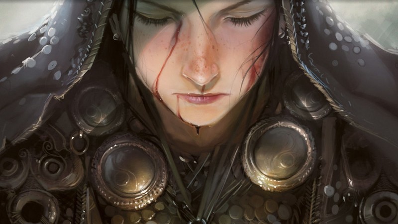 Magic: The Gathering, fantasy girl, face, closed eyes, warrior, blood, fantasy art
