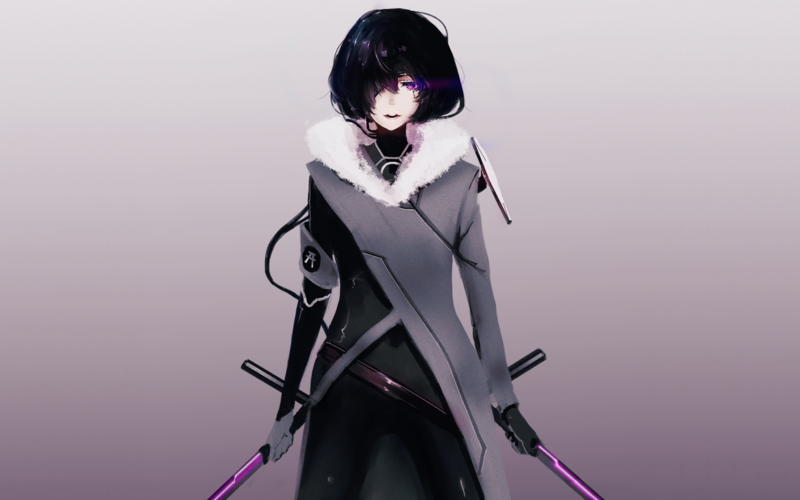 sword, simple background, anime girls, anime, dark hair, frontal view