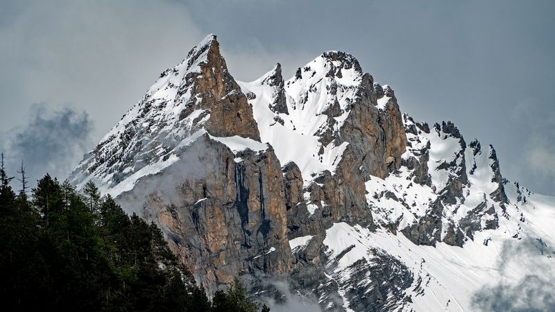 peak, mountains, gorge, forest, snowy, switzerland, 4k