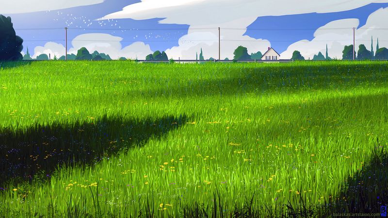 house, meadow, art, field, grass, 4k