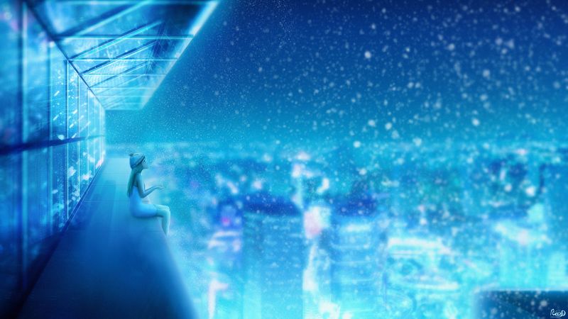 girl, roof, art, snow, height, blue, 4k
