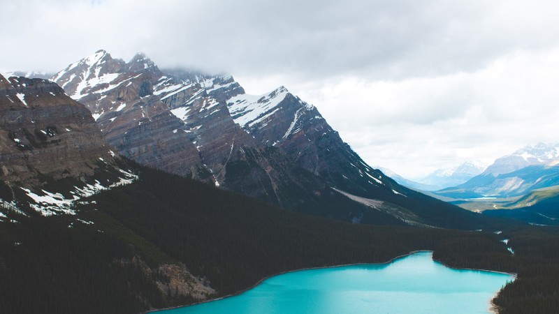 landscape, mountains, lake, snowy peak, clouds