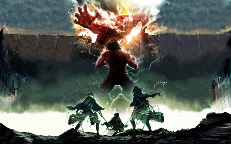 Shingeki no Kyojin, Eren Jeager, Mikasa Ackerman, Armin Arlert, Colossal Titan, Armored Titan