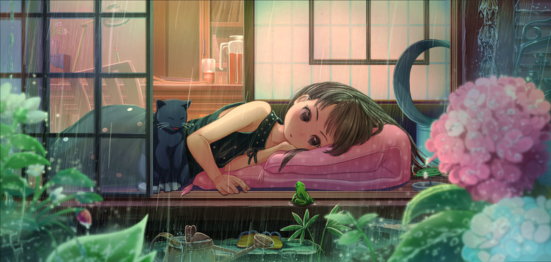 rain, brunette, laying on side, frog, cats