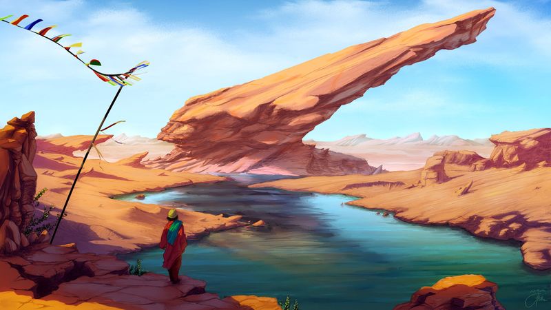 man, wanderer, rocks, lake, art, 4k