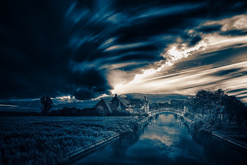 dark, river, bridge, sky, digital art, landscape, 500px