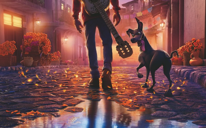 Disney Pixar, movies, colorful, guitar, dog, street