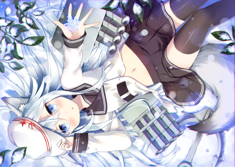 navels, animal ears, anthropomorphism, aqua eyes, blushing, hat, Kantai Collection, long hair, school uniform, skirt, snow, tail, thigh-highs, white hair, Hibiki(Kancolle)