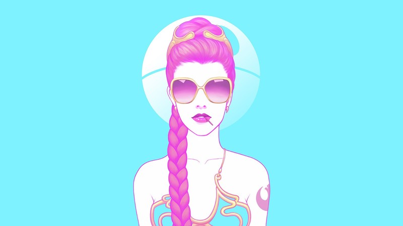 drawing, Star Wars, Princess Leia, fan art, simple background, artwork, shades, long hair, lipstick, bikini, tattoo, women, Leia Organa, cyan, cyan background, pink, bright