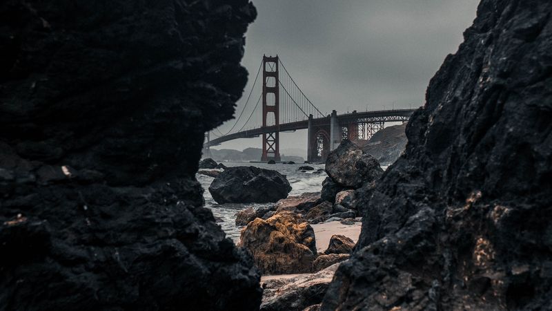 rocks, stones, bridge, river, shore, 4k