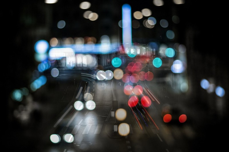 lights, traffic, road, dark, night, cyan, street, urban, city