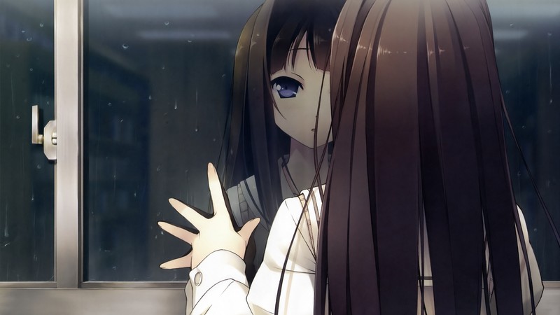 anime girls, anime, window, purple eyes, reflection, long hair