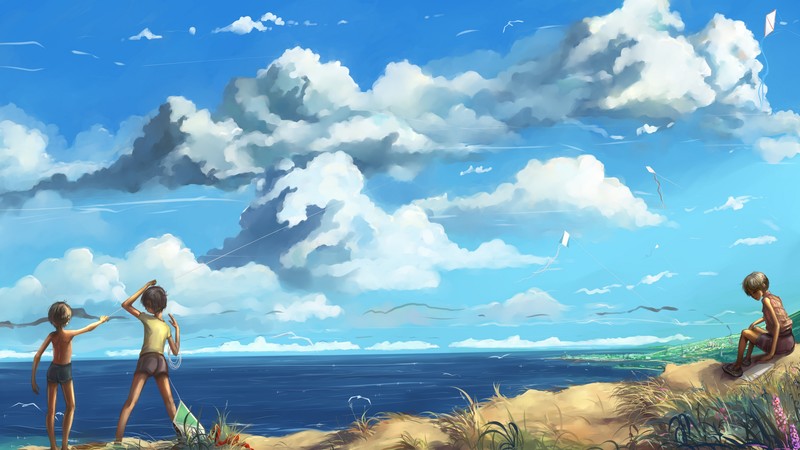 women, sea, clouds, kites