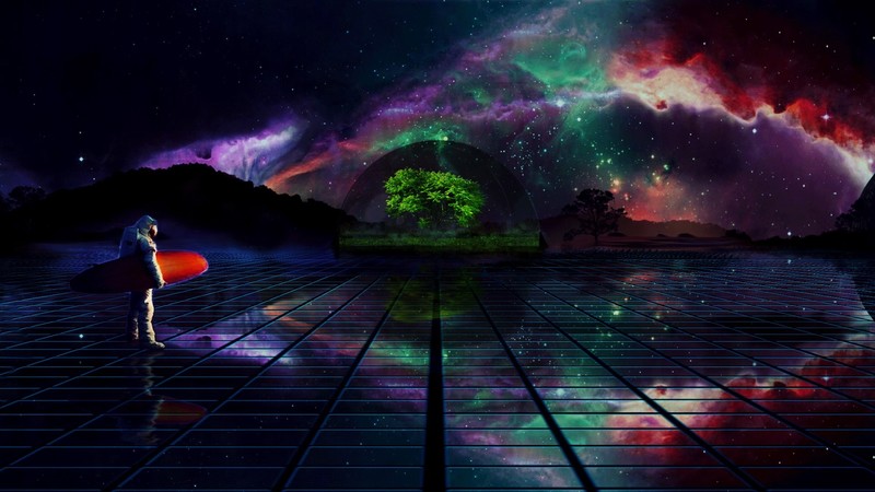 space, trees, astronaut, surfboards, photo manipulation, landscape