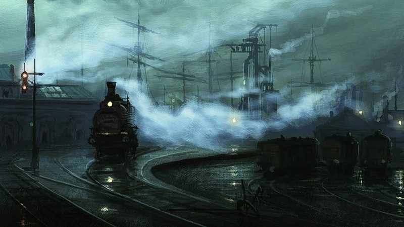 train, painting, mist, railway