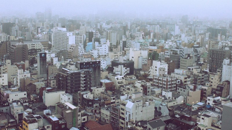 city, town, Japan, parking lot, kanji, katakana, mist, building
