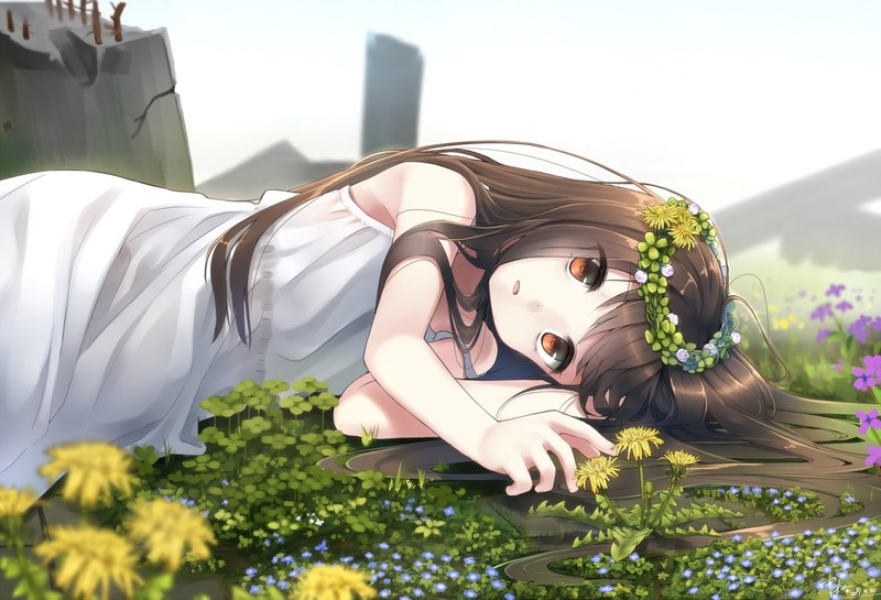 white dress, flowers, brunette