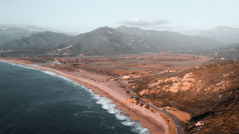 coast, aerial view, sea, landscape, hilly, road, 4k