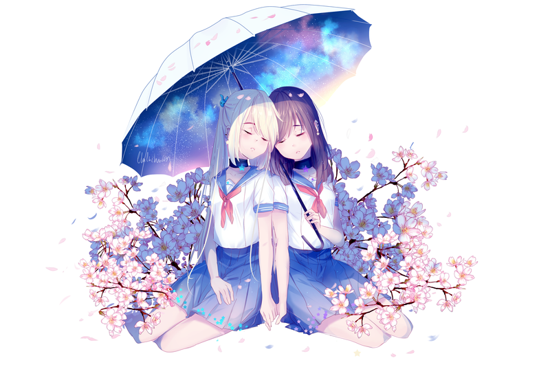 umbrella, school uniform, original characters, flowers