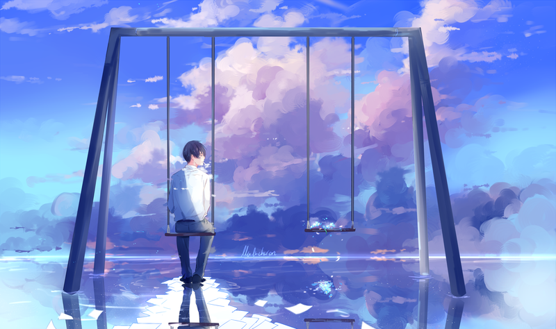 swing, flowers, water, reflection