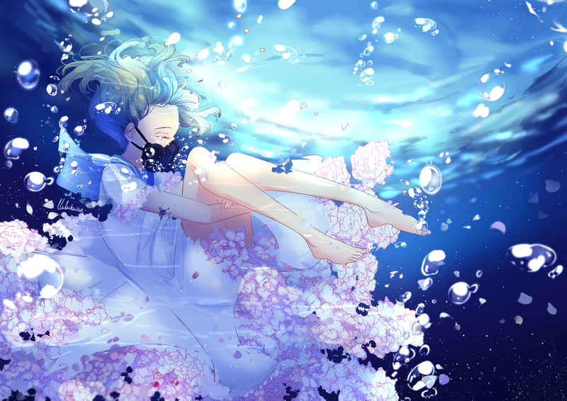 underwater, flowers, mask, original characters