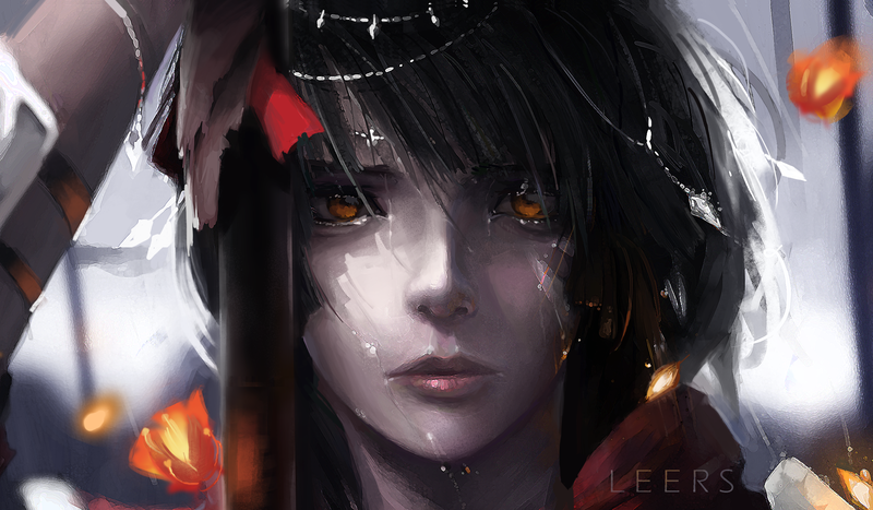 looking at viewer, rain, orange eyes, black hair