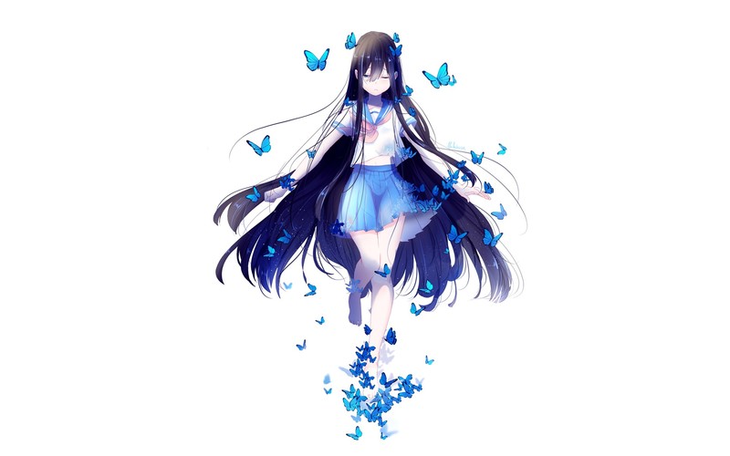 butterfly, blue, school uniform, original characters